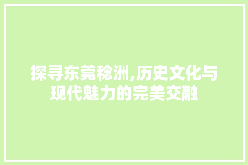 探寻东莞稔洲,历史文化与现代魅力的完美交融