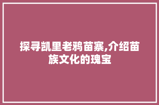 探寻凯里老鸦苗寨,介绍苗族文化的瑰宝