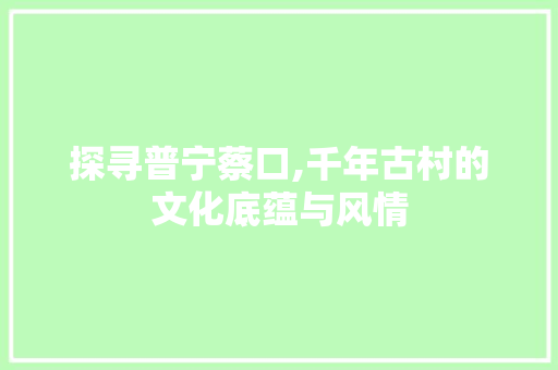 探寻普宁蔡口,千年古村的文化底蕴与风情