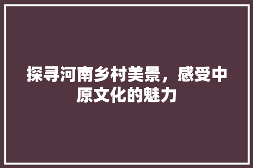 探寻河南乡村美景，感受中原文化的魅力