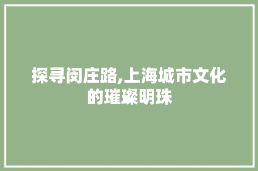 探寻闵庄路,上海城市文化的璀璨明珠