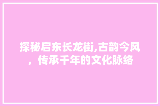 探秘启东长龙街,古韵今风，传承千年的文化脉络