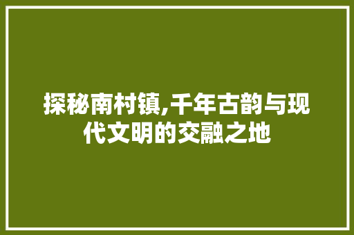 探秘南村镇,千年古韵与现代文明的交融之地