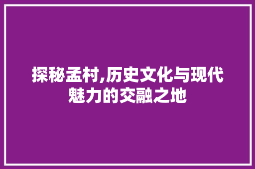 探秘孟村,历史文化与现代魅力的交融之地  第1张