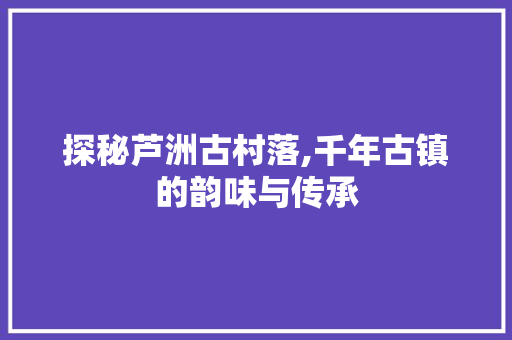 探秘芦洲古村落,千年古镇的韵味与传承