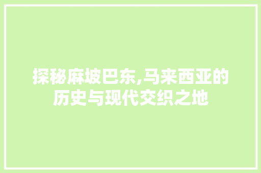 探秘麻坡巴东,马来西亚的历史与现代交织之地