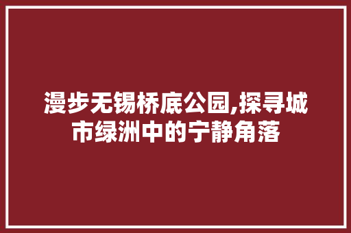 漫步无锡桥底公园,探寻城市绿洲中的宁静角落