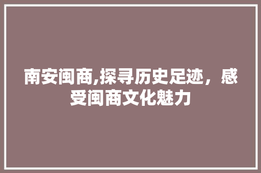 南安闽商,探寻历史足迹，感受闽商文化魅力