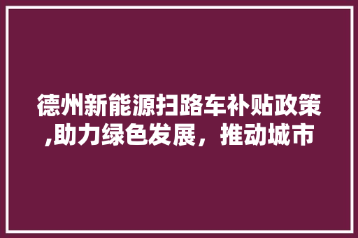 德州新能源扫路车补贴政策,助力绿色发展，推动城市清洁革命