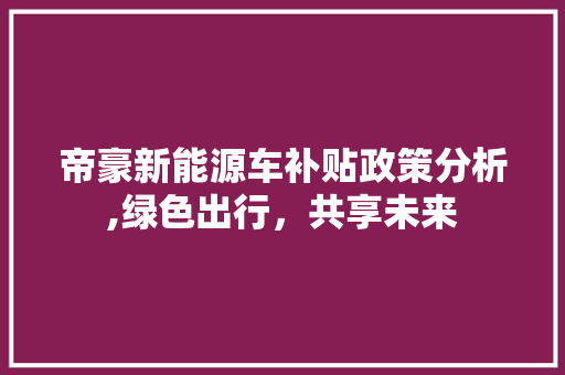 帝豪新能源车补贴政策分析,绿色出行，共享未来  第1张