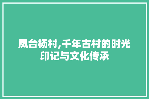 凤台杨村,千年古村的时光印记与文化传承