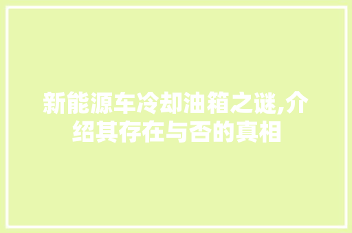 新能源车冷却油箱之谜,介绍其存在与否的真相