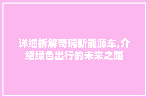 详细拆解奇瑞新能源车,介绍绿色出行的未来之路