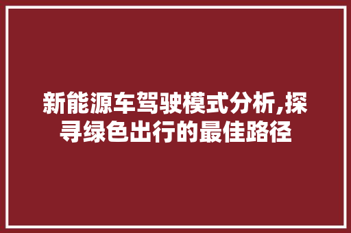 新能源车驾驶模式分析,探寻绿色出行的最佳路径