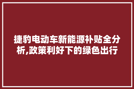 捷豹电动车新能源补贴全分析,政策利好下的绿色出行新选择