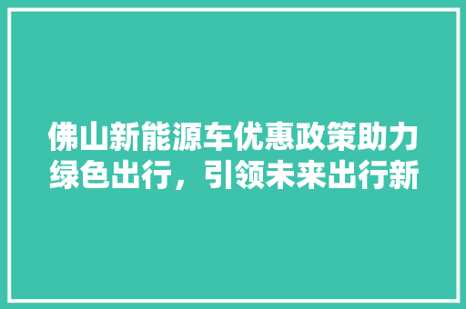 佛山新能源车优惠政策助力绿色出行，引领未来出行新风尚