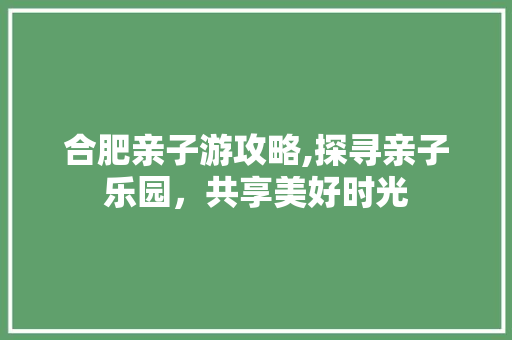 合肥亲子游攻略,探寻亲子乐园，共享美好时光